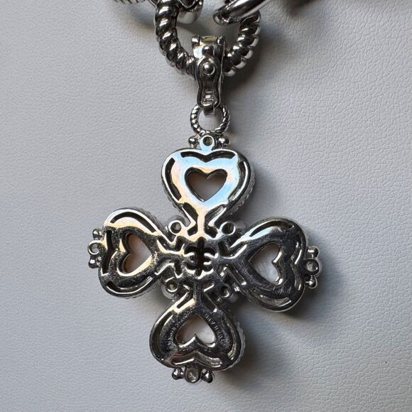 Judith Ripka 925 Silver Pink MOP Heart + CZ Maltese Cross Pendant Chain Necklace - Picture 15 of 17